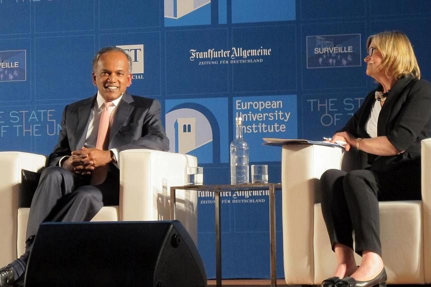 Minister for Foreign Affairs K Shanmugam (left) is interviewed at the State of the Union Conference in Florence, Italy on Friday by Director of the Robert Schuman Centre for Advanced Studies and Director of the Global Governance Programme of EUI Brig