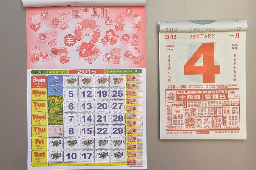 Traditional calendars for the year 2015. The Government has announced the public holidays in 2016 which includes 6 long weekends. -- PHOTO: THE NEW PAPER&nbsp;