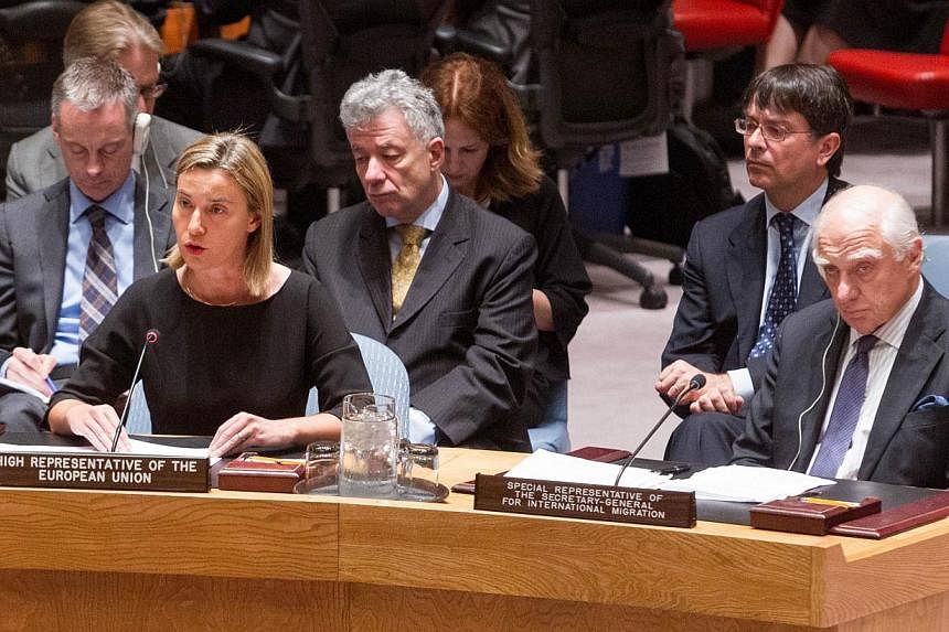 Federica Mogherini (front left), European Union High Representative for Foreign Affairs and Security Policy, addresses the UN Security Council meeting on cooperation between the United Nations and regional and subregional organisations in maintaining