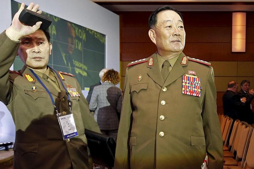 Senior North Korean military officer Hyon Yong Chol (right) at the 4th Moscow Conference on International Security (MCIS) in Moscow on April 16, 2015. Hyon has been executed by anti-aircraft fire for disloyalty and showing disrespect to leader Kim Jo