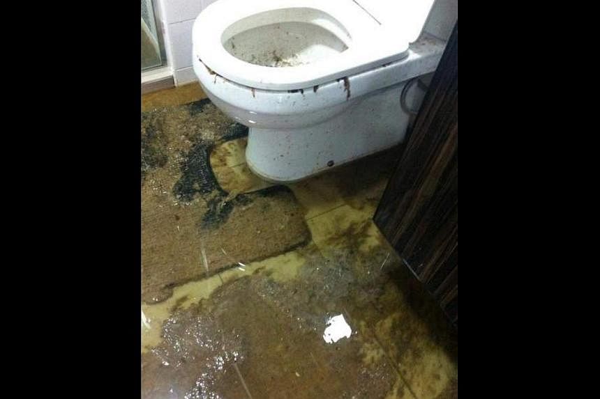 Photographs circulating online show faeces and murky water covering the floor of the hallway and living room (above) and a toilet (top right). The family had spent some $50,000 on renovations alone.