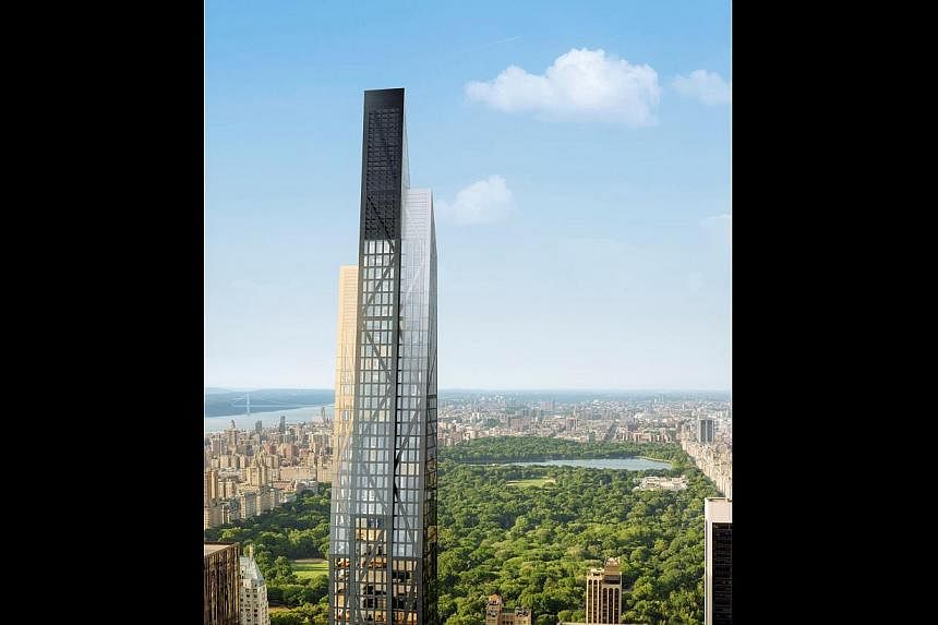 Artist's impressions of the 82-storey 53W53 (top, with Chrysler Building in the background and on right), which will rise to a height of 320m, tapering like a shard of glass. Prices of the 139 luxury apartments start from US$3 million ($4 million) fo