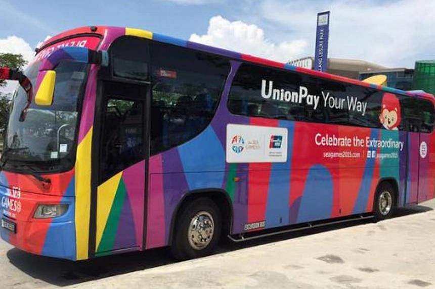 Some 300 buses splashed with the SEA Games livery will be mobilised to transports athletes and officials around Singapore throughout the duration of the June 5-16 Singapore SEA Games. -- ST PHOTO: CHUA SIANG YEE&nbsp;