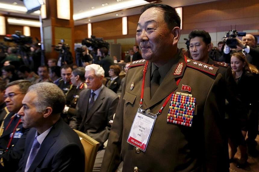 Senior North Korean military officer Hyon Yong Chol (right, front) attending the 4th Moscow Conference on International Security (MCIS) in Moscow on April 13, 2015. -- PHOTO: REUTERS