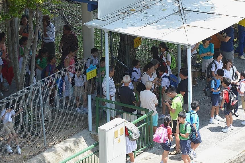 An entrance to Pei Chun Public School bustling with activity around noon as morning-session pupils leave and afternoon-session pupils arrive.