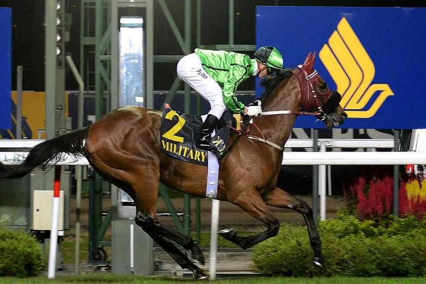 Race horse Military Attack (with jockey Zac Purton astride) emerged the champion of the Singapore Airlines International (SIA) Cup held at the Singapore Racecourse in Kranji on May 19, 2013. Military Attack will get to start&nbsp;in barrier 3 for the