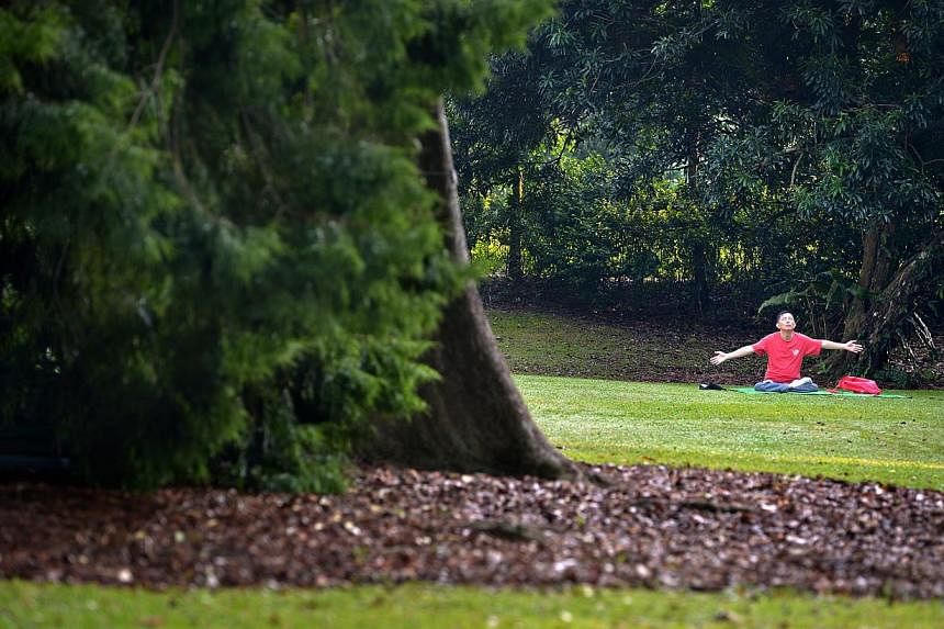 A man finishing his meditation on the open green at the Singapore Botanic Gardens. -- ST PHOTO: KUA CHEE SIONG