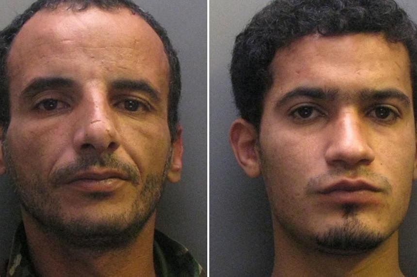 A combination of custody pictures released by Cambridgeshire Police on May 15, 2015 shows Libyan soldiers stationed in Britain, Moktar Ali Saad Mahmoud (left) and Ibrahim Abugtila (right), who were convicted at Cambridge Crown Court on May 15, 2015 o