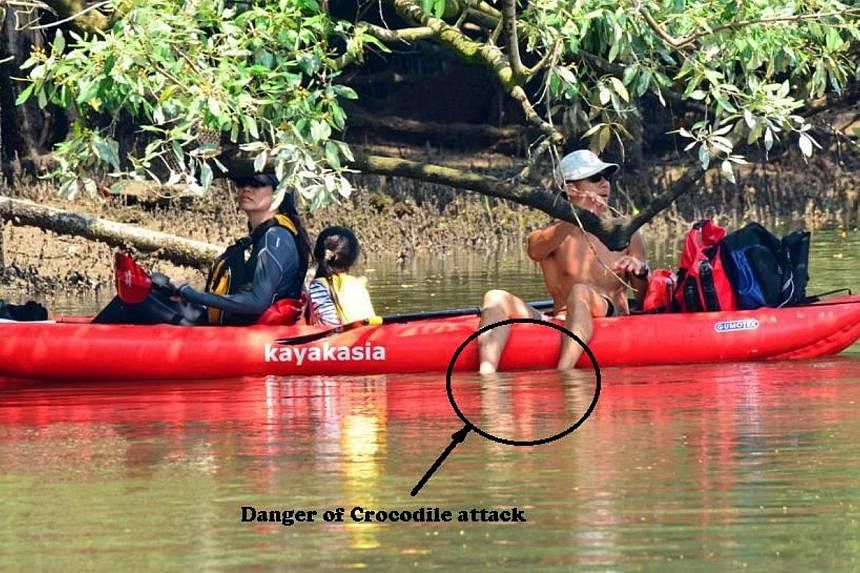 The man was spotted by Mr Ben Lee having a picnic on the kayak and dangling his legs in the water. The words "Danger of crocodile attack" and the circle around the man's legs were added by Mr Lee. -- PHOTO: BEN LEE