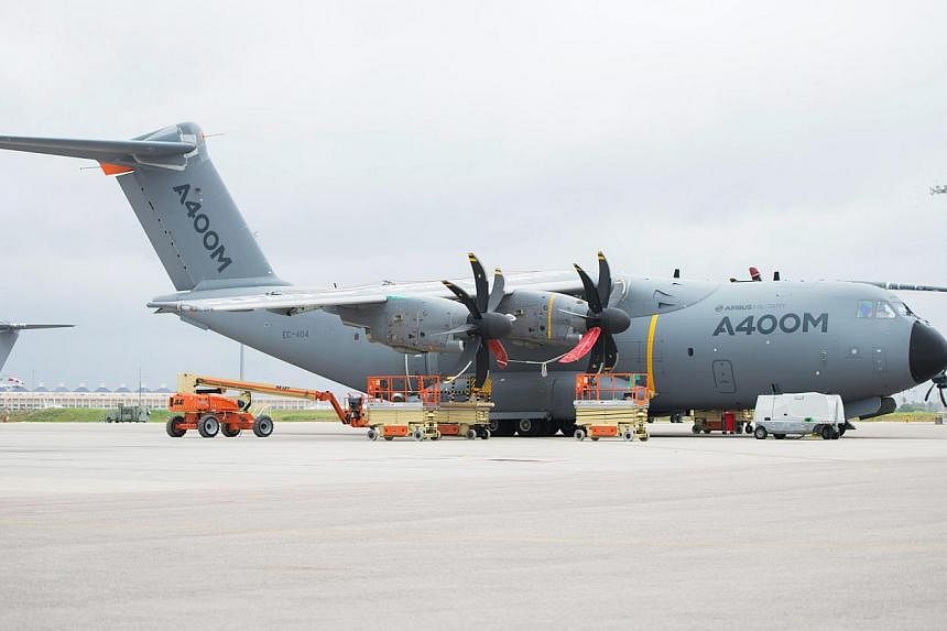A file picture dated Nov 7, 2014, shows an Airbus A400M plane at the airport in Seville, Spain. -- PHOTO: EPA