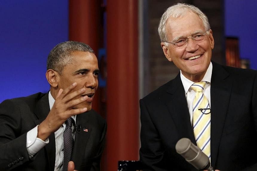 US President Barack Obama tapes an appearance on the Late Show with David Letterman at the Ed Sullivan Theater in New York on May 4. -- PHOTO: REUTERS