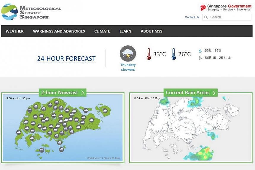The website, www.weather.gov.sg, provides weather forecasts, warnings and advisories of heavy rain, smoke haze and the long-term climate statistics of Singapore. -- PHOTO: SCREENGRAB FROM WEATHER.GOV.SG