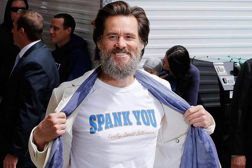 Comedian Jim Carrey arriving at the Late Show With David Letterman on May 20, 2015, at the Ed Sullivan Theatre on May 20, 2015 in New York City. &nbsp;-- PHOTO: AFP