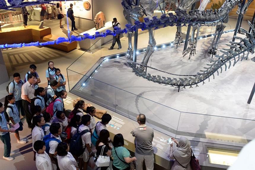 Students from Yuan Ching and Unity Secondary School looking at the dinosaurs display at the Lee Kong Chian Natural History Museum. -- ST PHOTO: AZIZ HUSSIN &nbsp;