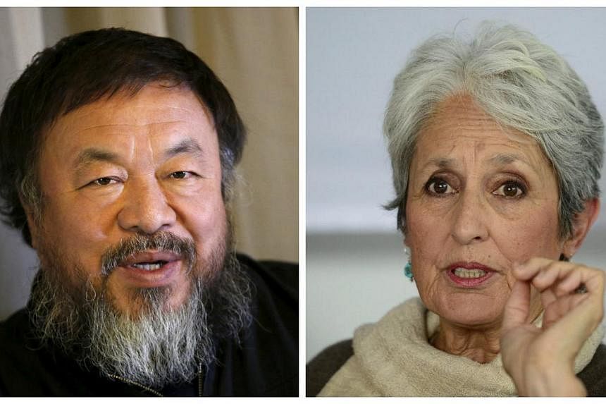 Human rights group Amnesty International on Thursday honoured Chinese dissident artist Ai Weiwei (above left) and US folk singer Joan Baez (above right) as joint winners of its Ambassador of Conscience Award. -- PHOTOS: REUTERS, AFP