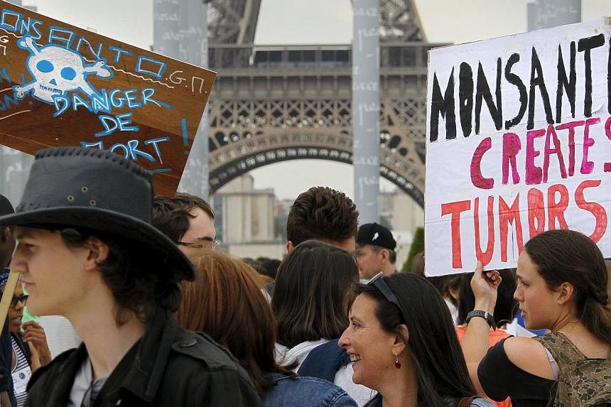 Demonstrators participate in a protest march against Monsanto, the world's largest seed company, in Paris, France, May 23, 2015. -- PHOTO: REUTERS