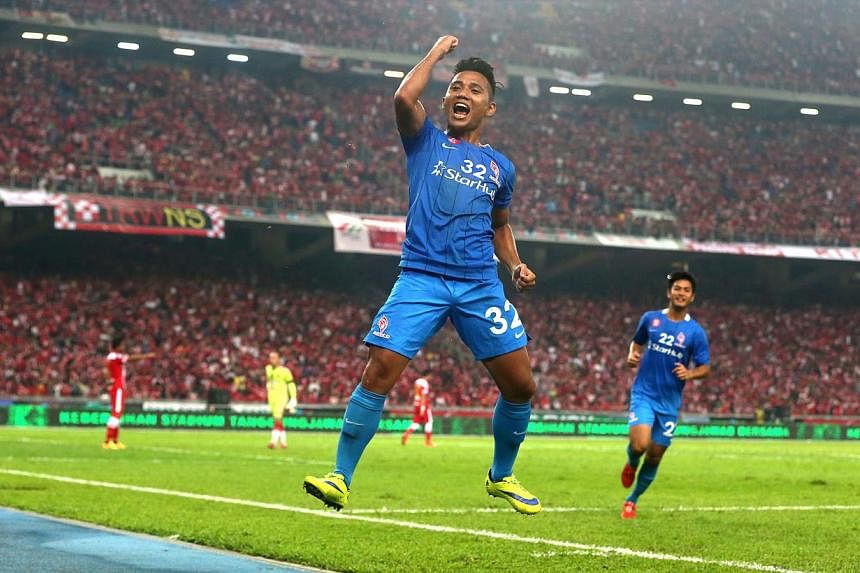 LionsXII striker Sahil Suhaimi celebrating after scoring in the Malaysian FA Cup final against Kelantan at the Bukit Jalil Stadium on May 23, 2015. -- ST PHOTO: NEO XIAOBIN&nbsp;