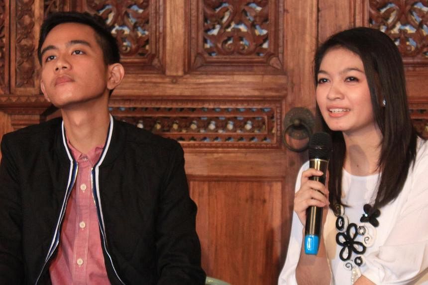 Mr Gibran Rakabuming, the son of Indonesian President Joko Widodo, and Ms Selvi Ananda at a press conference last month. The couple will marry in their hometown Solo on June 11.