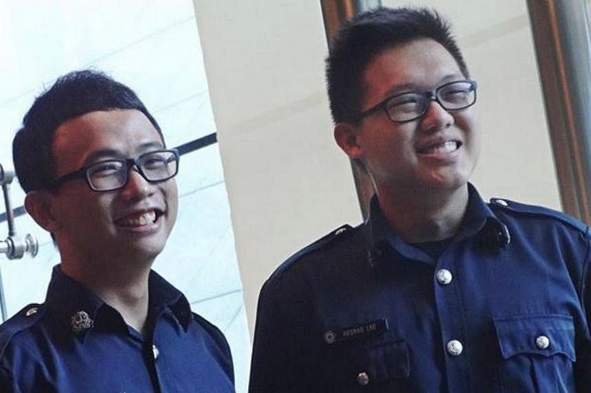 A woman managed to land her molester in jail, thanks to the quick actions of two off-duty police officers SC Tan Keng Yew (left) and SC George Lee. -- PHOTO: SINGAPORE POLICE FORCE