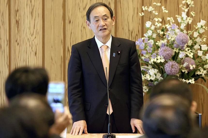Chief Cabinet Secretary Yoshihide Suga makes remarks at the beginning of an interview with editors and publishers from the Asia News Network at the Prime Minister’s Office in Chiyoda Ward, Tokyo, on Friday. -- PHOTO: THE YOMIURI SHIMBUN&nbsp;