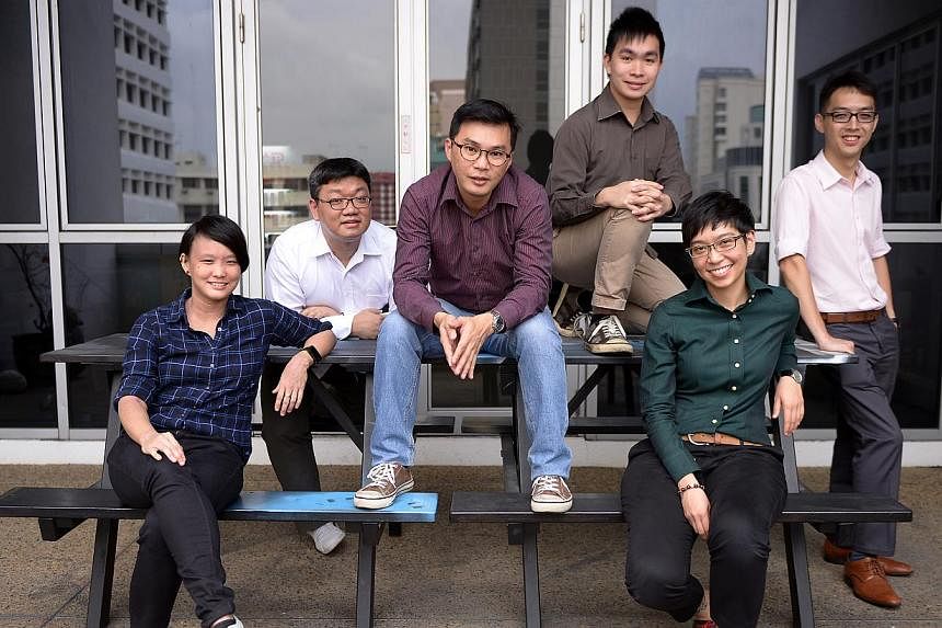 Local music group Quinnuance’s composers are (from left) Natalie Ng, Bernard Lee Kah Hong, Clarence Tan, Terrence Wong, Alicia Joyce De Silva and Lu Heng. -- ST PHOTO: DANIEL NEO