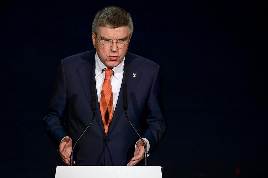 International Olympic Committee (IOC) President Thomas Bach gesturing as he speaks during the opening ceremony of the 65th Fifa Congress in Zurich on May 28, 2015. -- PHOTO: AFP&nbsp;