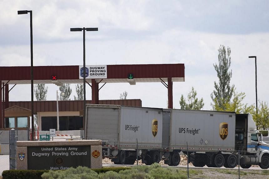 A UPS delivery truck makes a stop at the main gate of the Dugway Proving Ground on May 28, 2015, in Dugway, Utah. -- PHOTO: AFP