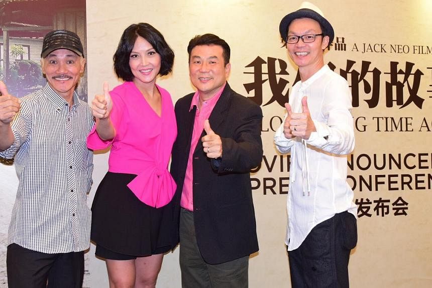 Jack Neo's (second from right) new movie Long Long Time Ago will star (from left) Wang Lei, Aileen Tan and Mark Lee. -- PHOTO: LIANHE WANBAO