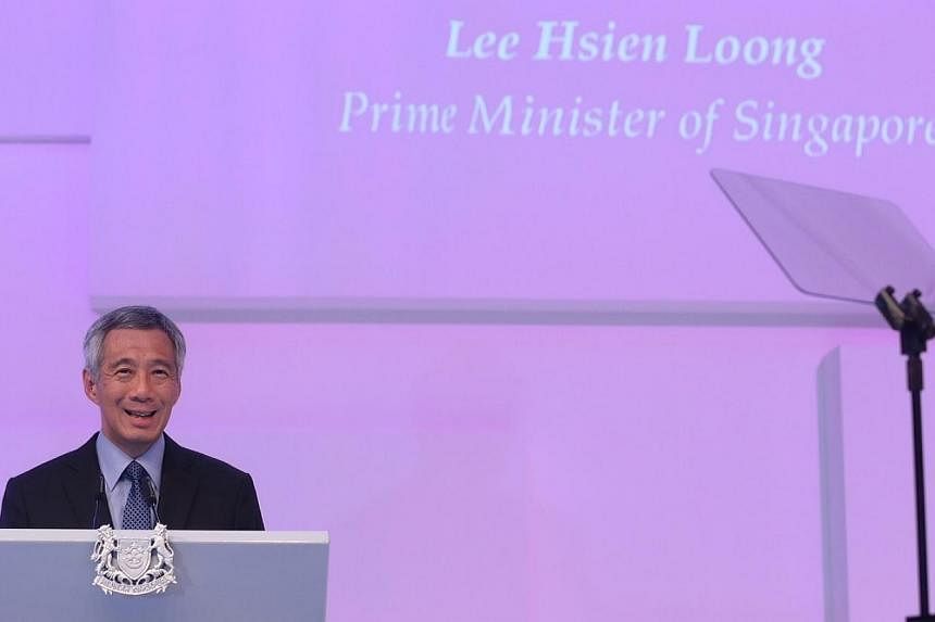 Prime Minister Lee Hsien Loong delivering the keynote address at the annual Shangri-La Dialogue security summit. -- ST PHOTO: NEO XIAOBIN&nbsp;