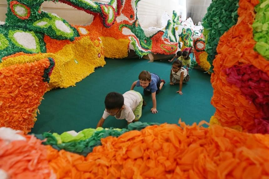 Children playing at an art installation, Wanderlust, at the National Museum, which is among the many activities in this coming Children’s Season. -- ST PHOTO: SEAH KWANG PENG