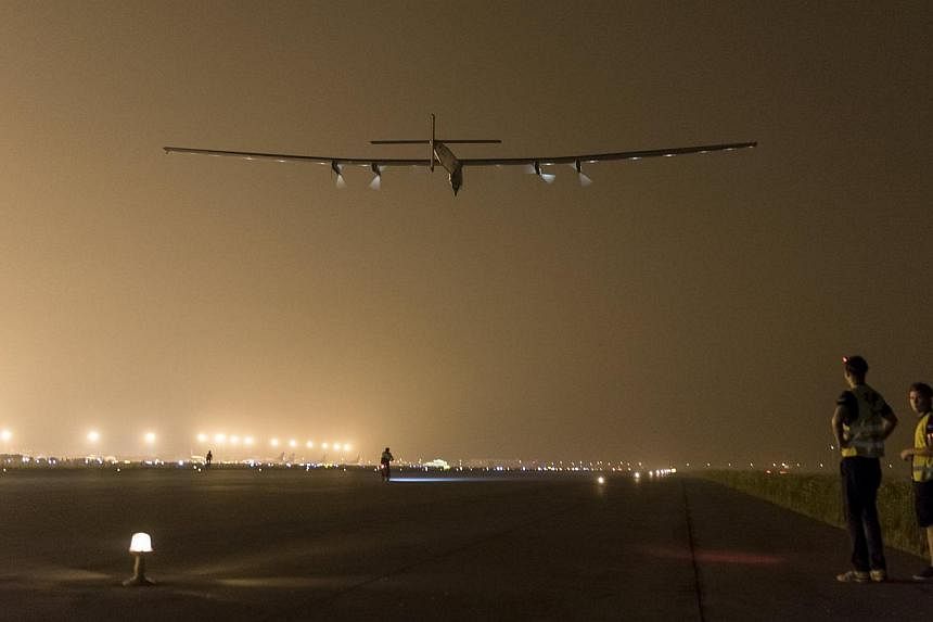 Solar Impulse 2 takes off in Nanjing, China, on May 31, 2015. The aircraft was in a holding pattern near Japan on Monday as organisers warned that bad weather in the days ahead could block the aircraft's ambitious bid to cross the Pacific Ocean. -- P