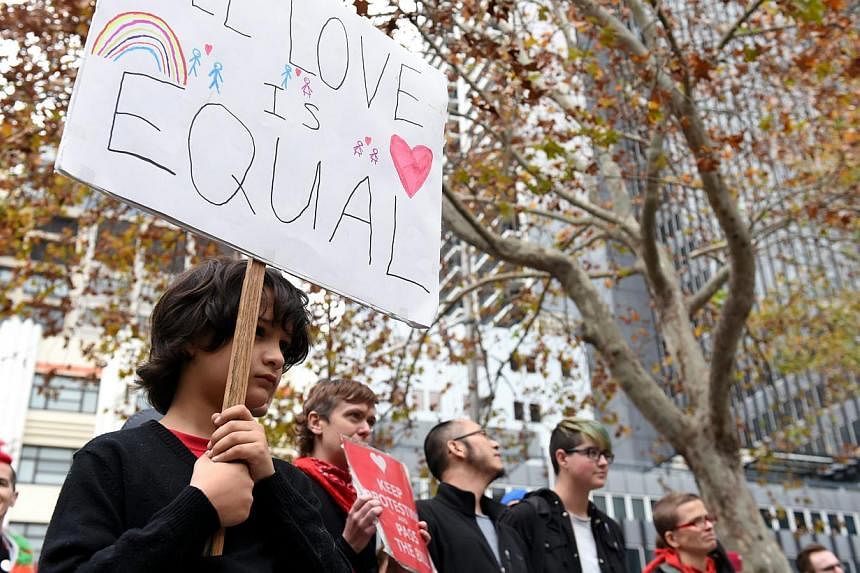 Demonstrators take part in a same-sex marriage equality rally in Sydney, Australia, on May 31, 2015. -- PHOTO: EPA&nbsp;