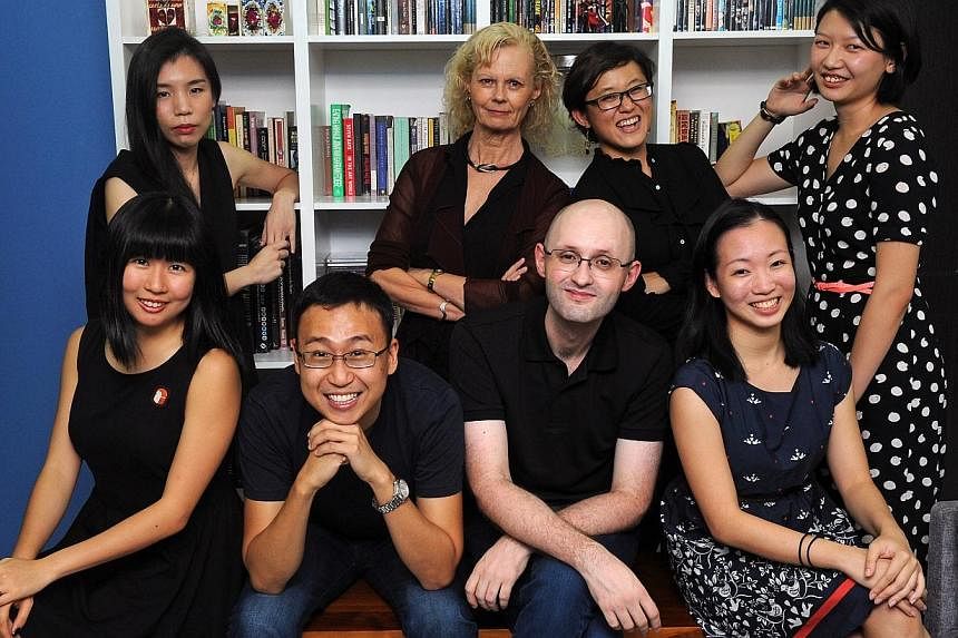 The Flying Inkpot theatre and dance team (front row, from left) volunteer writer Clara Lock,co-editors Kenneth Kwok and Matthew Lyon, volunteer writers Germaine Cheng, (back row, fromleft) Adeline Chia, Stephanie Burridge, Karin Lai and Selina Chong.