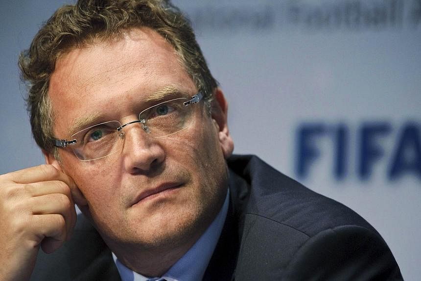A photo taken on July 5, 2012 shows FIFA Secretary General Jerome Valcke during a press conference after a meeting of the International Football Association Board (IFAB) in Zurich. -- PHOTO: AFP&nbsp;