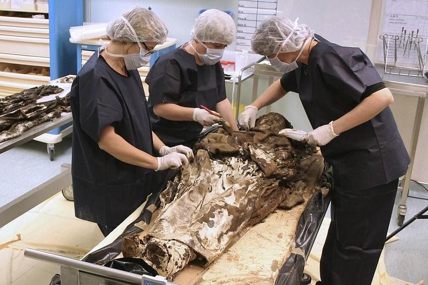 A handout picture taken on 2014 and released by the French National Institute for Preventive Archaeological Research (INRAP) on Tuesday shows archeologists working at the Rangueil forensic institute in Toulouse, after the discovery of a lead coffin c