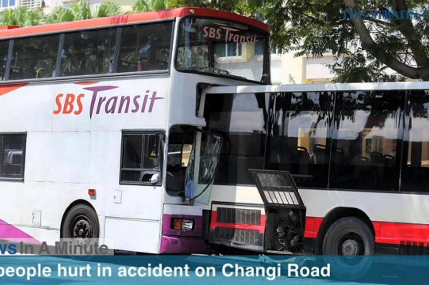 Twenty-eight people were injured in an accident involving three public buses along Changi Road this morning. -- SCREENGRAB FROM RAZOR TV