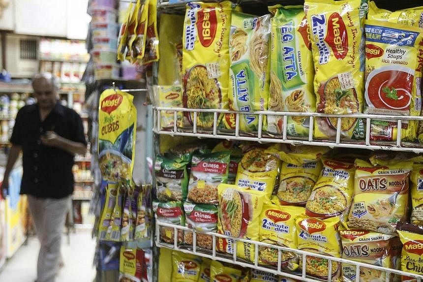 Packets of Nestle's Maggi instant noodles are seen on display at a grocery store in Mumbai, India, on June 4, 2015. -- PHOTO: REUTERS
