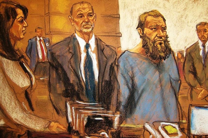 Muhanad Mahmoud al Farekh (second, right) appearing in court in New York, along with court-appointed lawyer, Sean Maher, and Asistant US Attorney Zainab Ahmad (left) in this April 2, 2015, court sketch. -- PHOTO: REUTERS