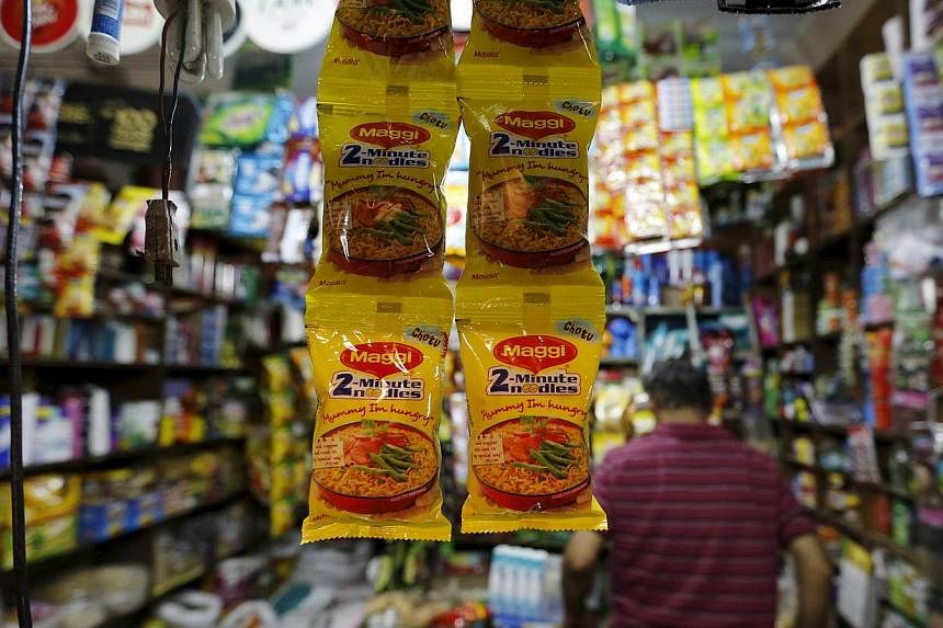 Packets of Maggi instant noodles are seen on display at a grocery store in Ahmedabad, India, on June 3, 2015.&nbsp;India's food safety regulator said on Friday that laboratory tests had found overwhelming evidence that Nestle India's instant noodle p