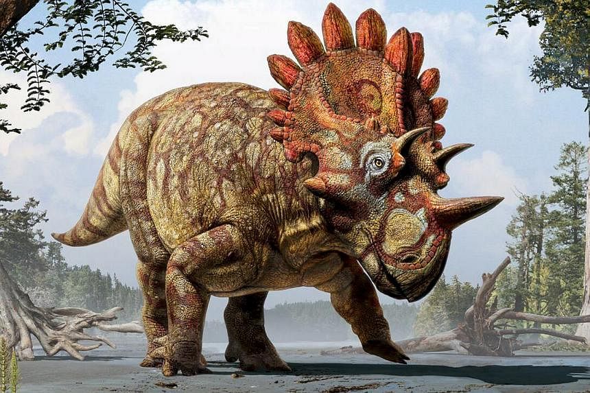 An artistic life reconstruction of a new horned dinosaur scientists named Regaliceratops peterhewsi in the paleoenvironment of the Late Cretaceous of Alberta, Canada released on June 3, 2015. -- PHOTO: REUTERS&nbsp;