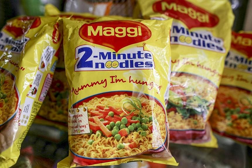Packets of Maggi noodles, manufactured by Nestle India, are seen at a general store in Mumbai on June 2, 2015. The India-made noodles are safe to eat, the Agri-Food and Veterinary Authority of Singapore said on Monday night. -- PHOTO: BLOOMBERG