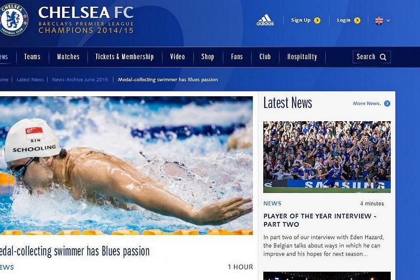 English Premier League champions Chelsea featured Singapore swimming star Joseph Schooling on its website. -- PHOTO: SCREENGRAB FROM WWW.CHELSEAFC.COM