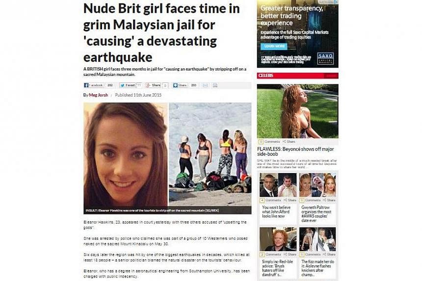 Screenshot of The Daily Star's article titled "Naked Brit girl caused killer quake". British tabloids have given the arrest of alleged Mount Kinabalu nudist Eleanor Hawkins prominent coverage on their front pages, with some claiming she was arrested 