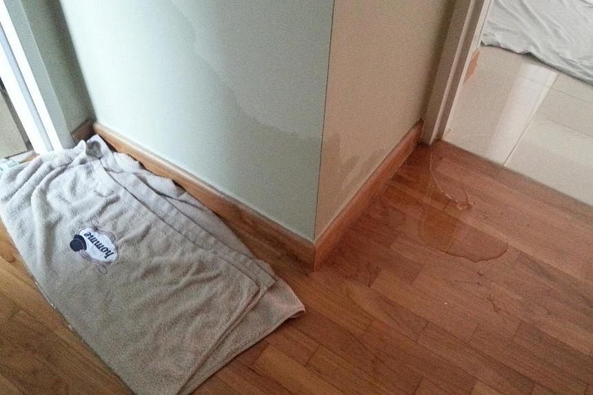 Centrale 8 resident Michelle Lim said water seeped into the wall and flooring of her bedroom after a water pipe in her bathroom burst. But only a part of the flooring was replaced and the wall was merely repainted.