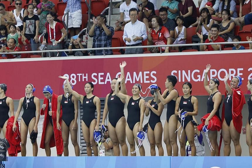 Singapore women's water polo team during the 28th SEA Games at OCBC Aquatics Centre on June 10, 2015. They fell to a 4-5 loss to Thailand in the last round-robin match of the tournament to settle for the silver medal on Monday afternoon, June 15, 201