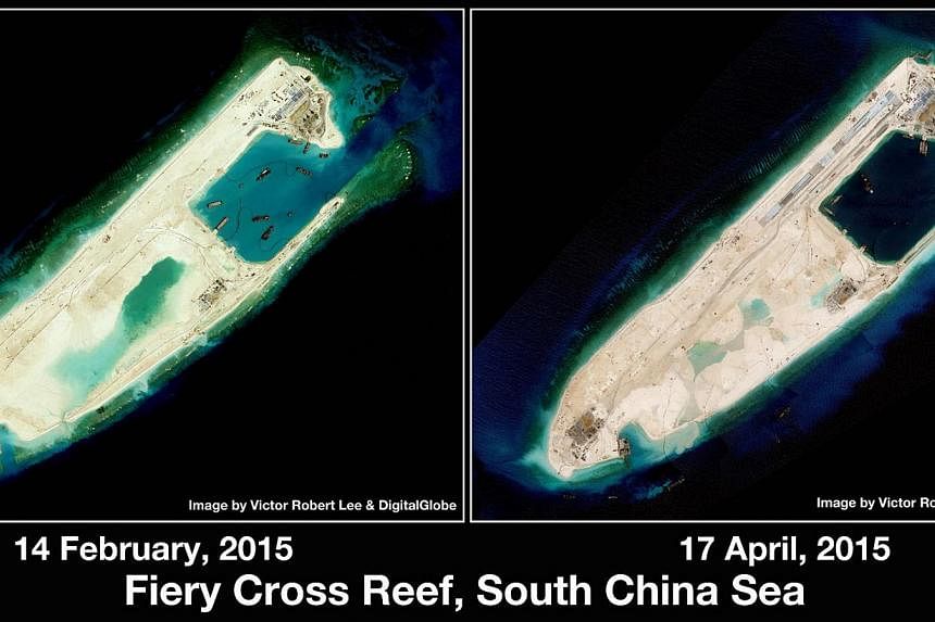Satellite images dated Feb 14, 2015 and April 17, 2015 showing the rapidly built island at Fiery Cross Reef in the Spratly Islands. -- PHOTO: VICTOR ROBERT LEE AND DIGITALGLOBE&nbsp;