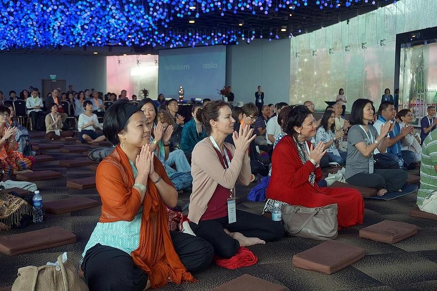 A mass meditation session held at Gardens by the Bay as part of the Wisdom 2.0 Asia activities. The conference, at the vanguard of the mindfulness movement in business and popular in the US, was held in Asia for the first time last week.