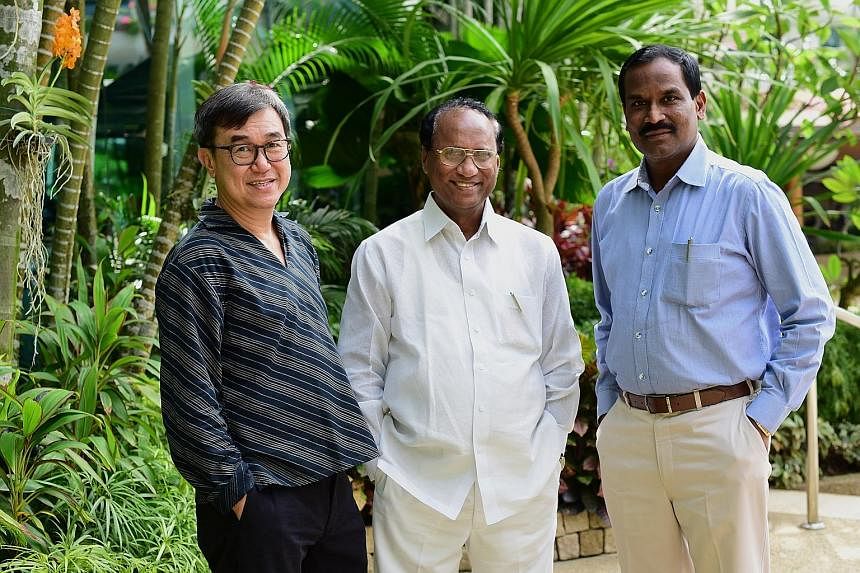 (From left) Mr Jack Sim with Andhra Pradesh officials Kodela Siva Pasada Rao and Mr B. Ramanjaneyulu. Mr Sim's World Toilet Organisation is partnering the Indian state to build low-cost toilets like the one above and sewage systems.