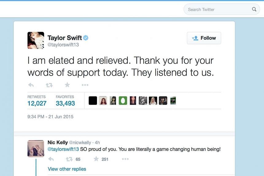 Singer Taylor Swift (right) called on Apple to abandon its "no payouts" plan in a blog post. (Top) A screengrab of Mr Eddy Cue's tweets on Apple's new decision and (above) Swift's reply.