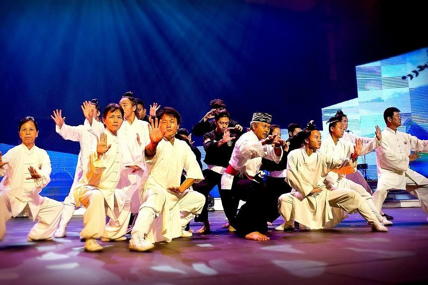 Taiji practitioners from the Wudang Sheng Hong Health Preservation Centre and silat practitioners from Perguruan Sim Putih at a rehearsal for their SG50 concert.